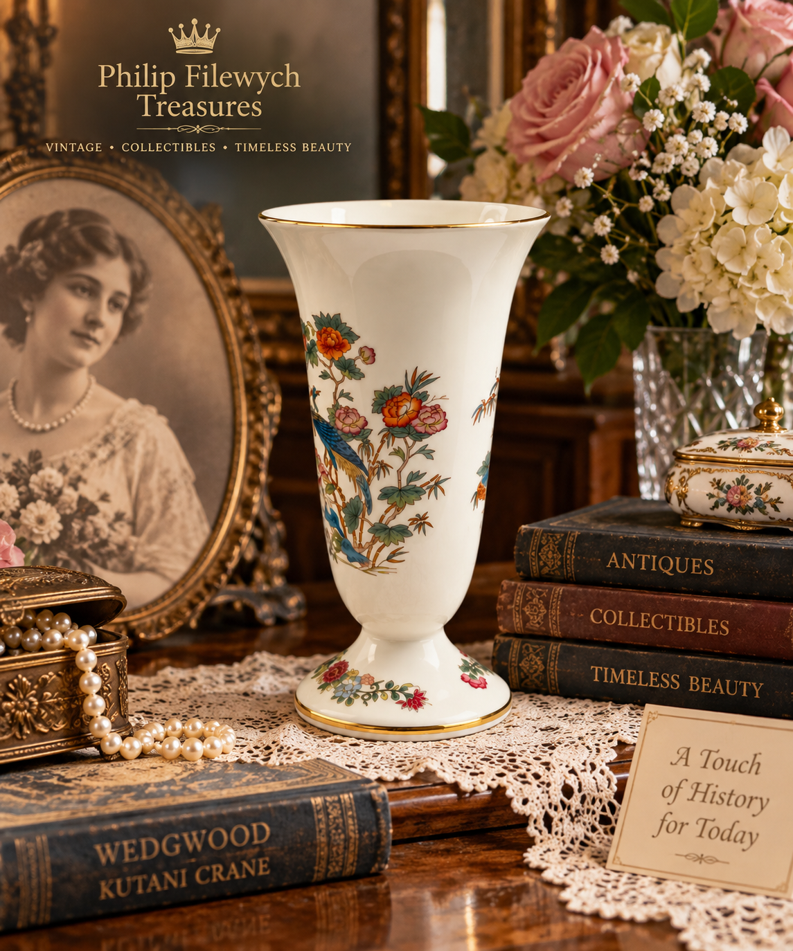 Vase-05--Wedgwood Kutani Crane 7" Bone China Vase Made in England Vintage Gold Trim