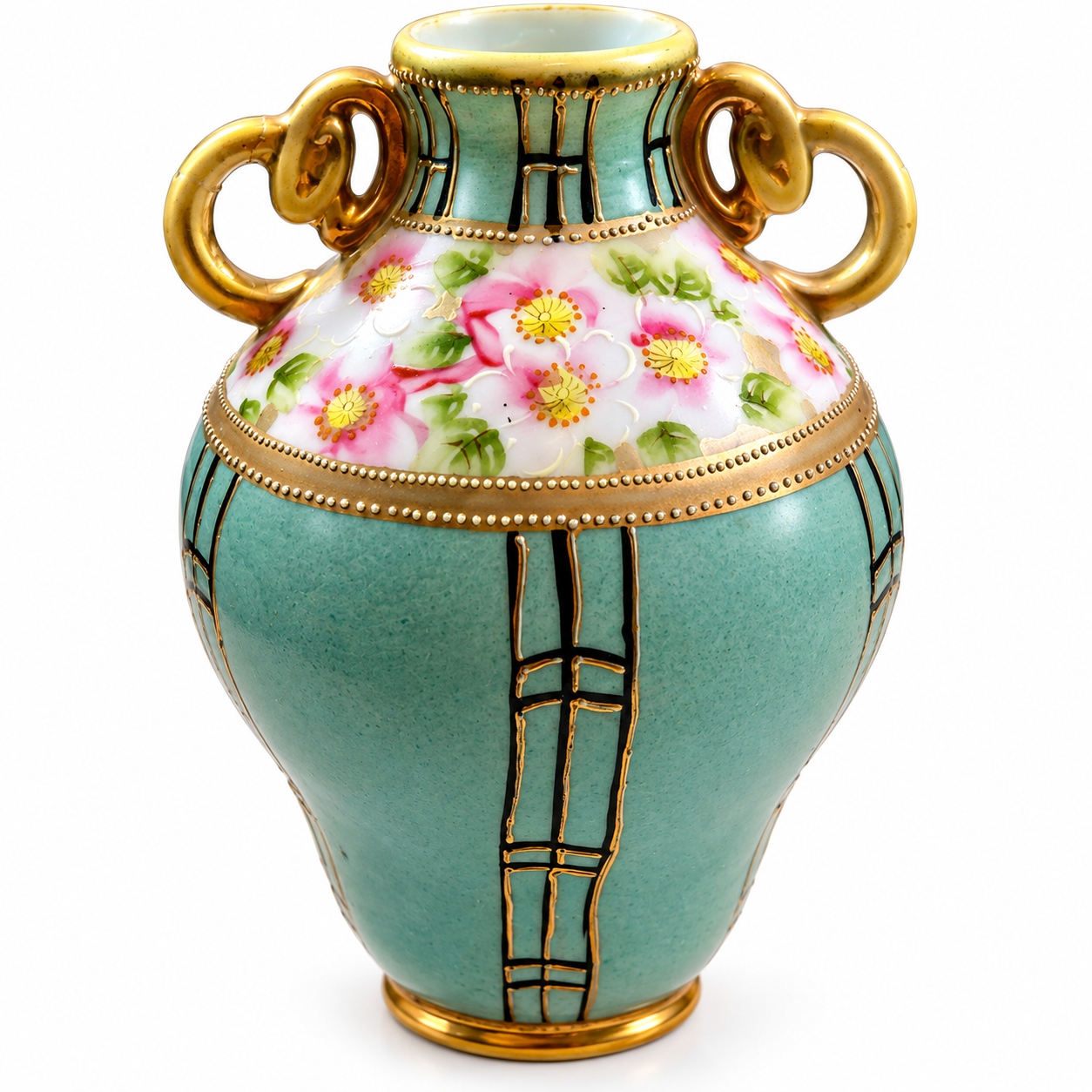 Vase-07--Antique Nippon Hand-Painted Porcelain Vase Japan c.1920 Floral Gold Two Handles