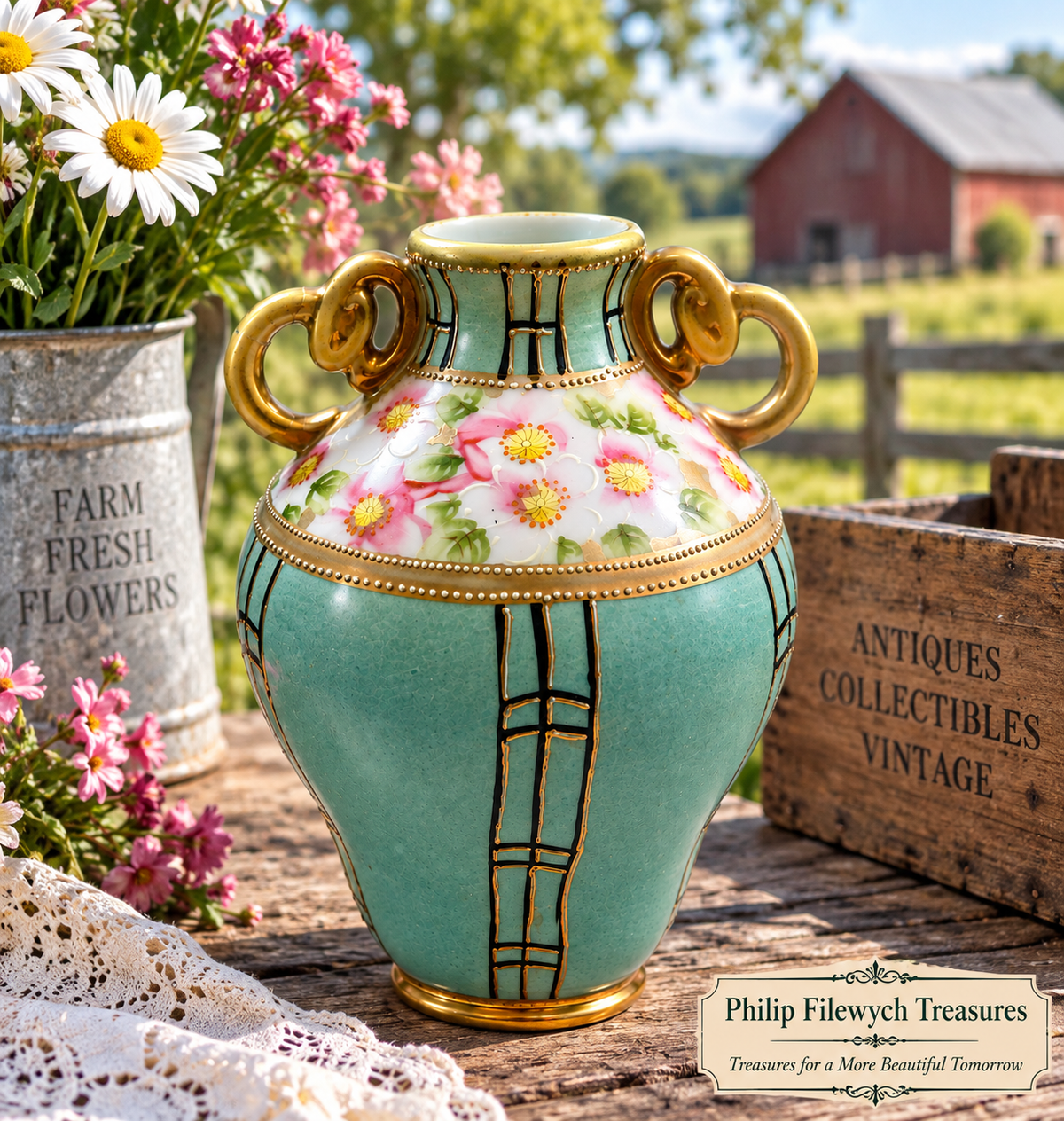 Vase-07--Antique Nippon Hand-Painted Porcelain Vase Japan c.1920 Floral Gold Two Handles
