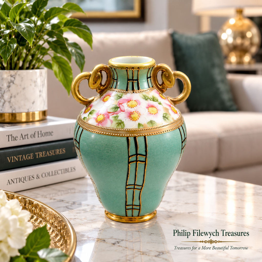 Vase-07--Antique Nippon Hand-Painted Porcelain Vase Japan c.1920 Floral Gold Two Handles