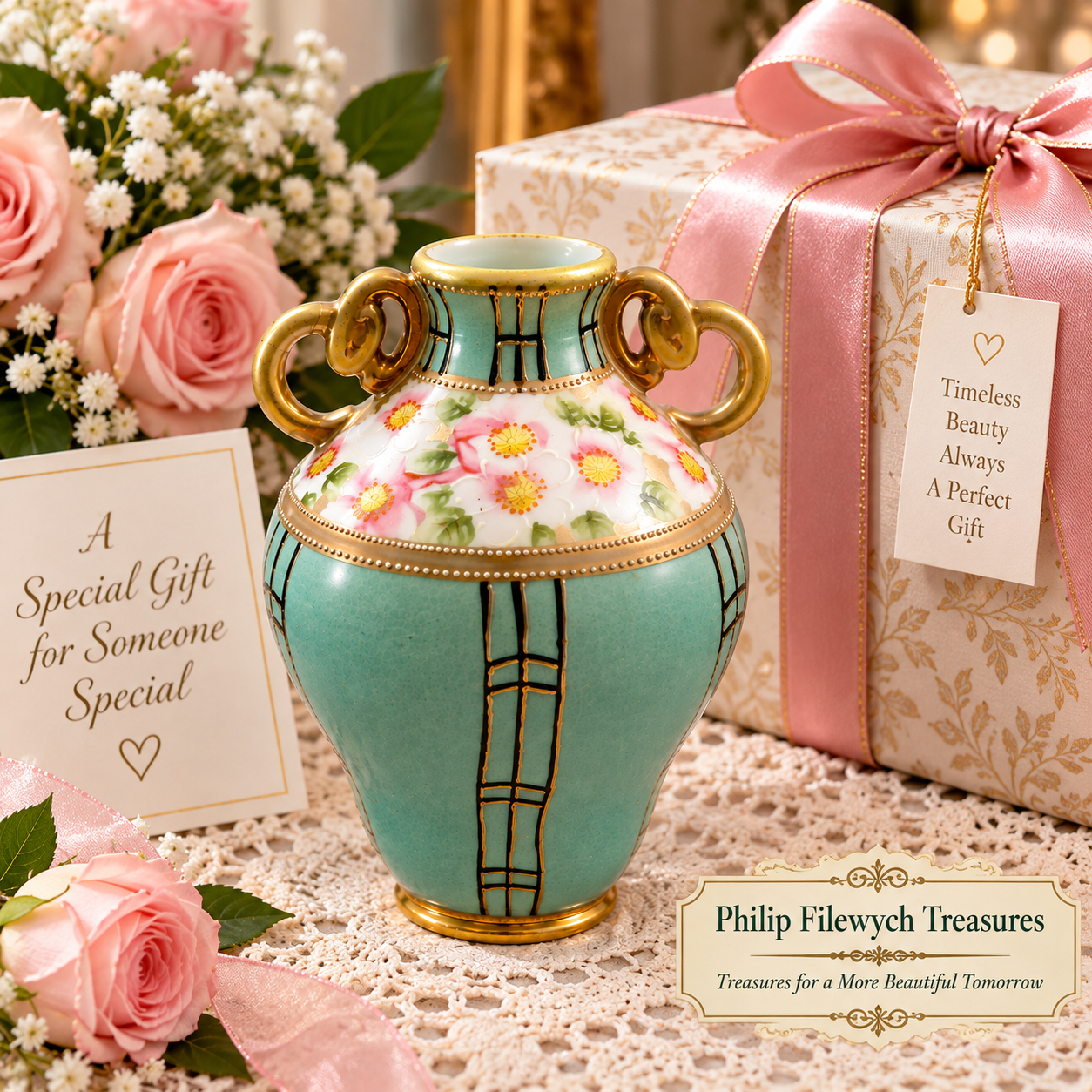 Vase-07--Antique Nippon Hand-Painted Porcelain Vase Japan c.1920 Floral Gold Two Handles