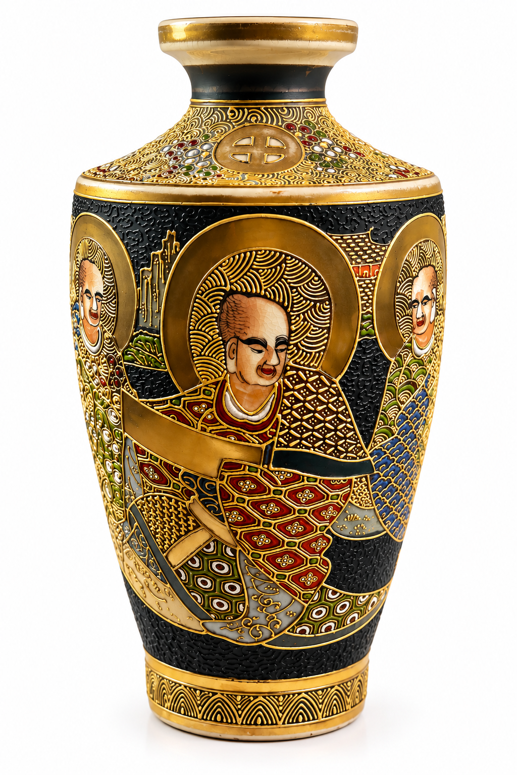 Vase-15--Japanese Satsuma Style Rakan Covered Vase 10.5" Black Gold Moriage Shimazu Crest