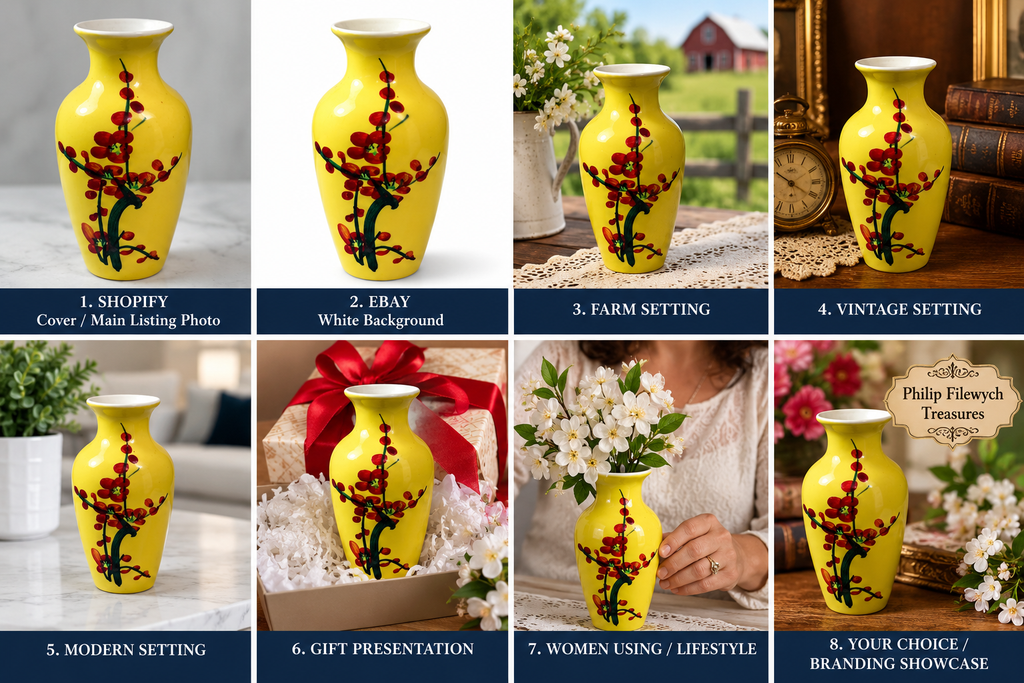 Vase-20--Vintage Japanese Ceramic Vase Hand Painted Cherry Blossom Yellow Mid Century