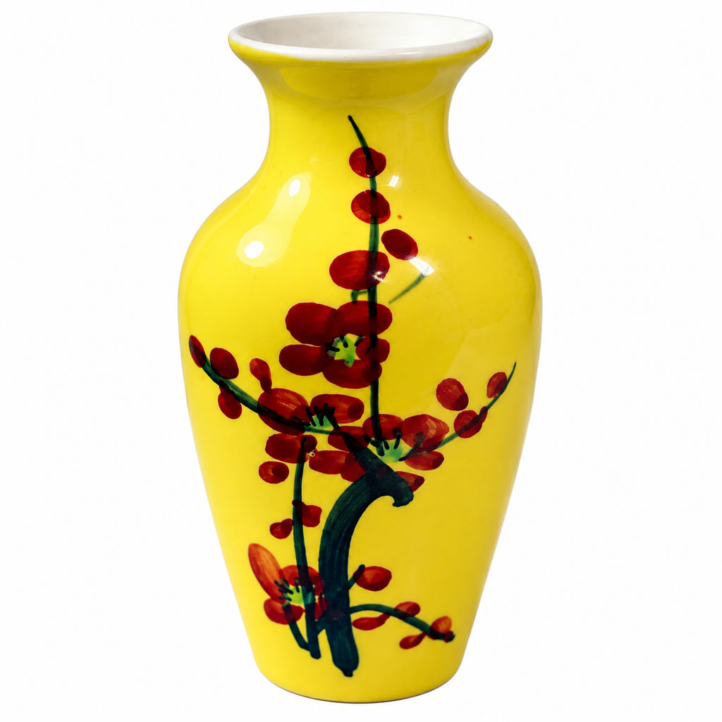 Vase-20 vintage Japanese yellow ceramic vase hand painted cherry blossom Mid-Century 6 inch