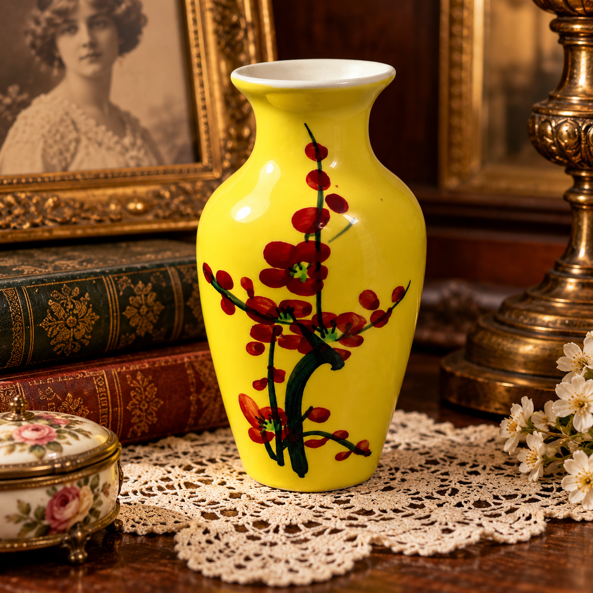 Vase-20 vintage Japanese ceramic vase with hand painted cherry blossom in vintage setting