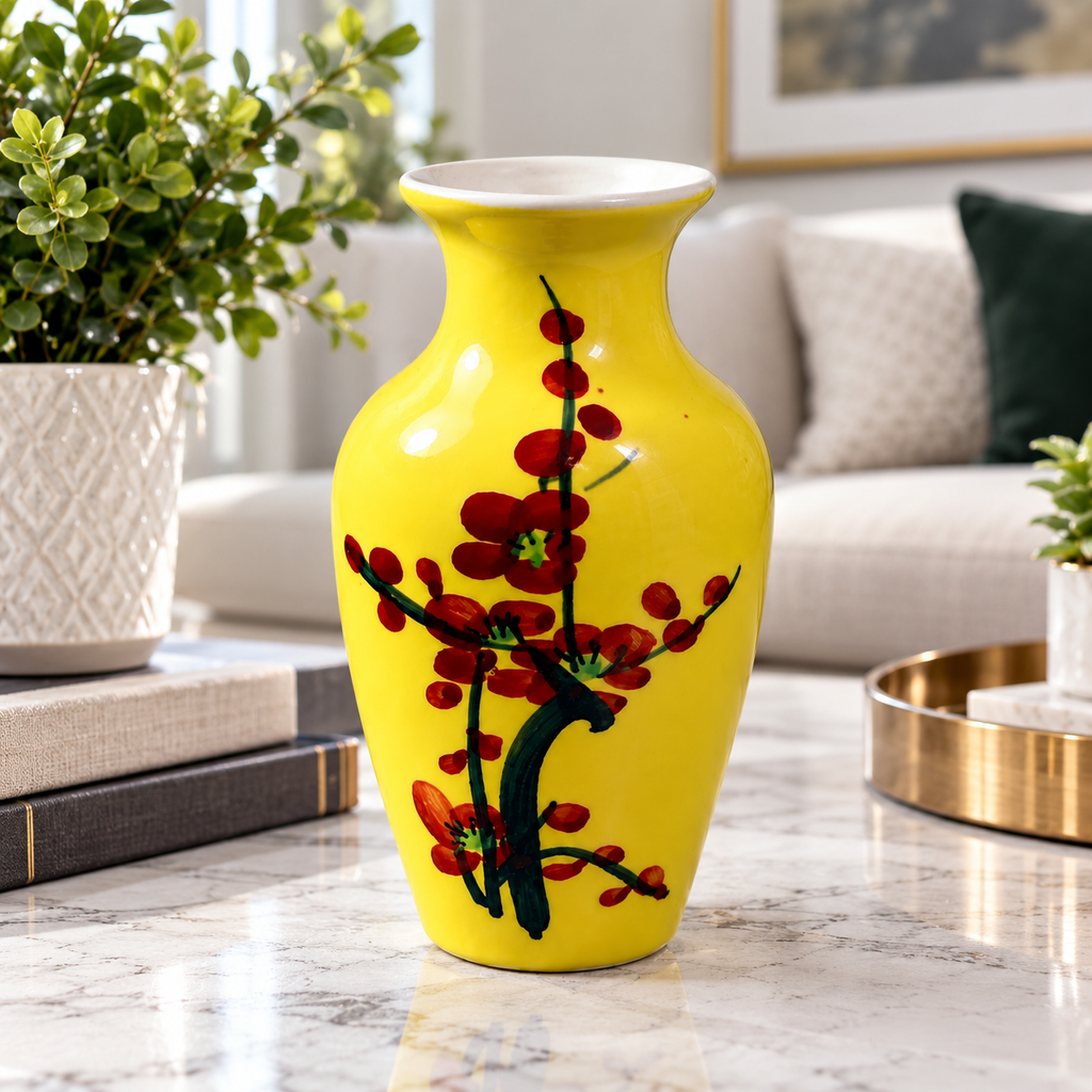 Vase-20 yellow Japanese ceramic cherry blossom vase in modern home setting