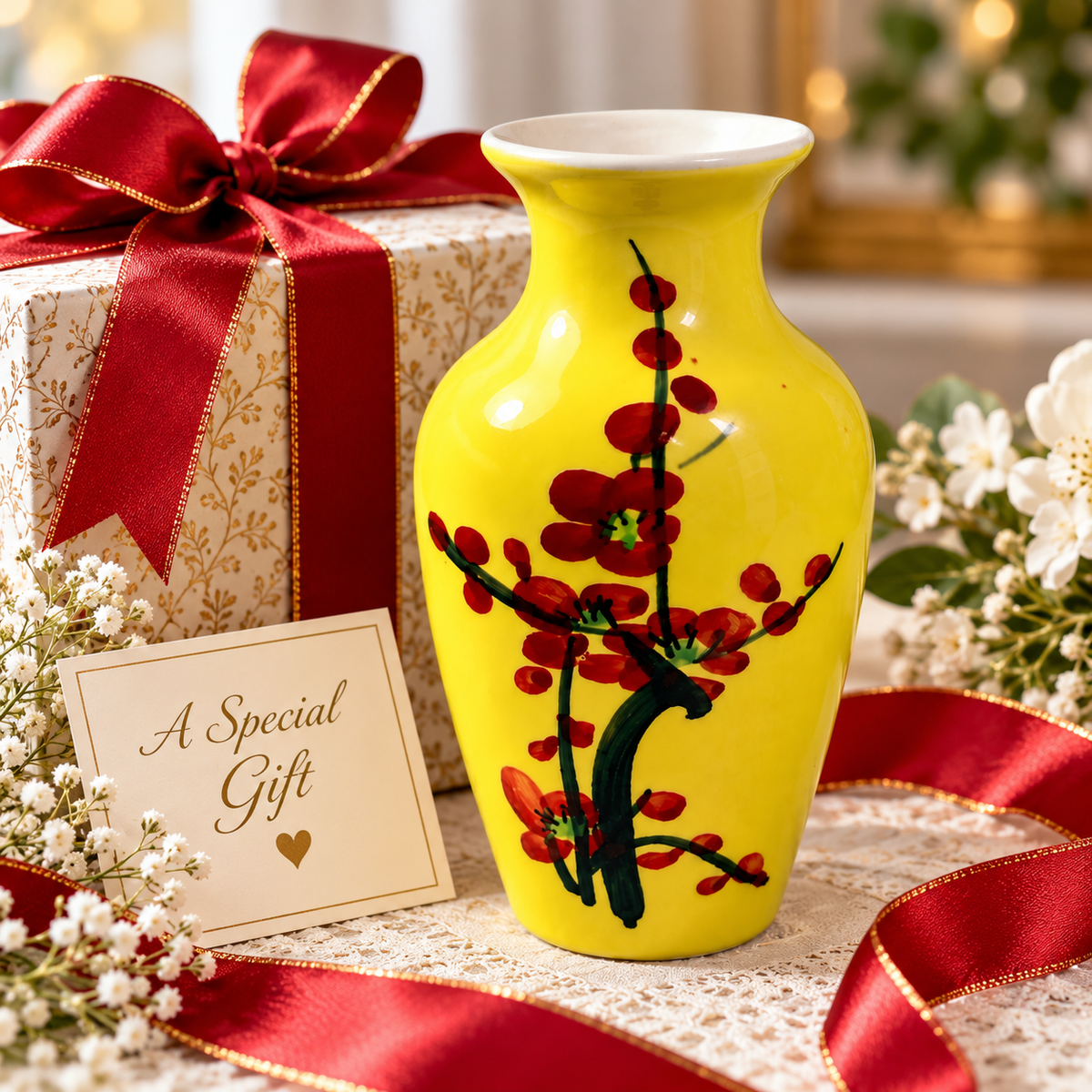 Vase-20 vintage Japanese yellow ceramic cherry blossom vase gift presentation