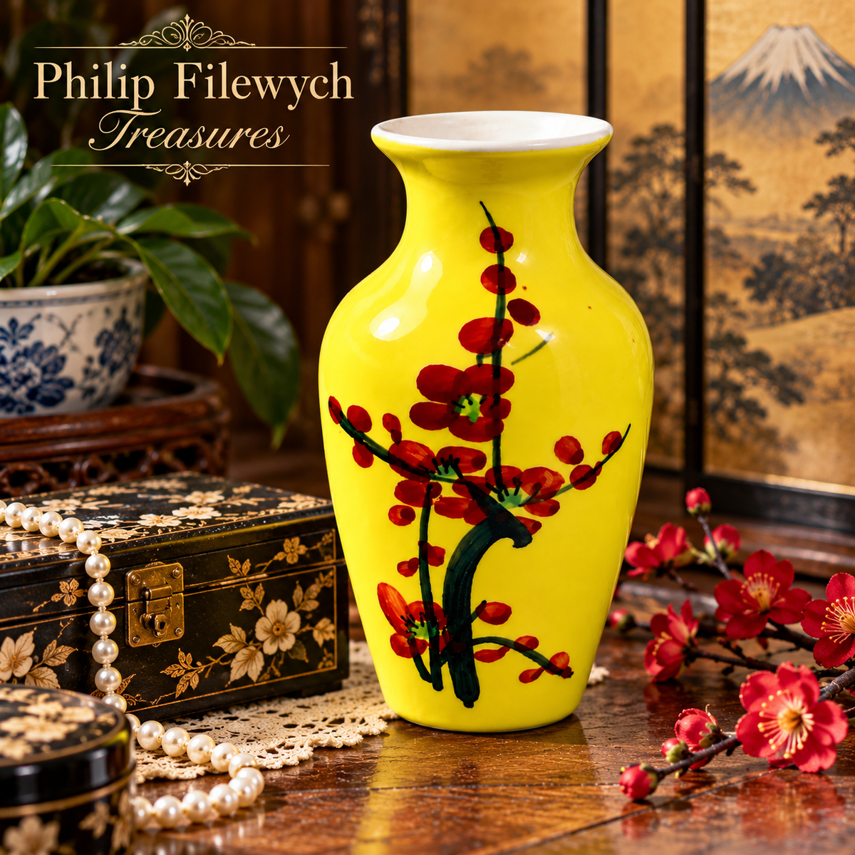 Vase-20 vintage Japanese yellow ceramic vase hand painted cherry blossom Philip Filewych Treasures