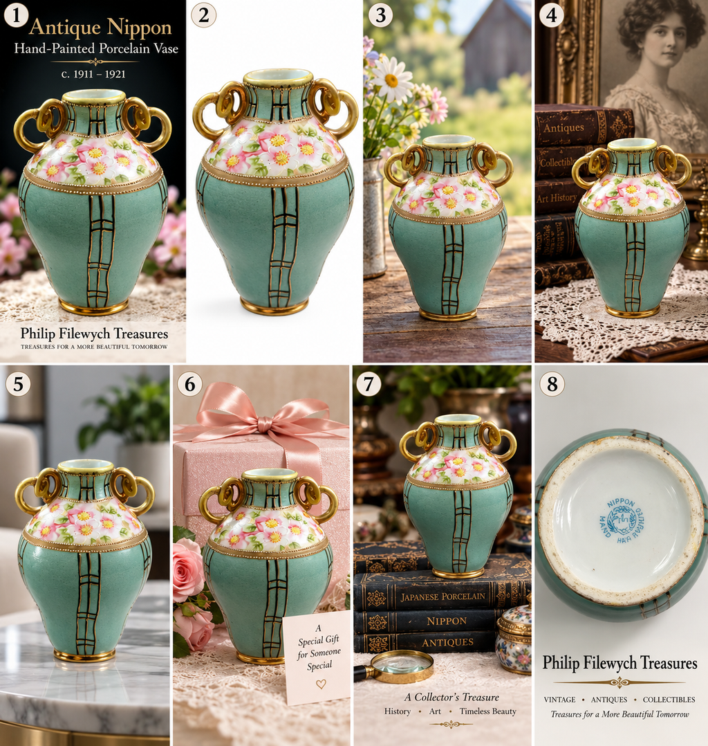 Vase-07--Antique Nippon Hand-Painted Porcelain Vase Japan c.1920 Floral Gold Two Handles