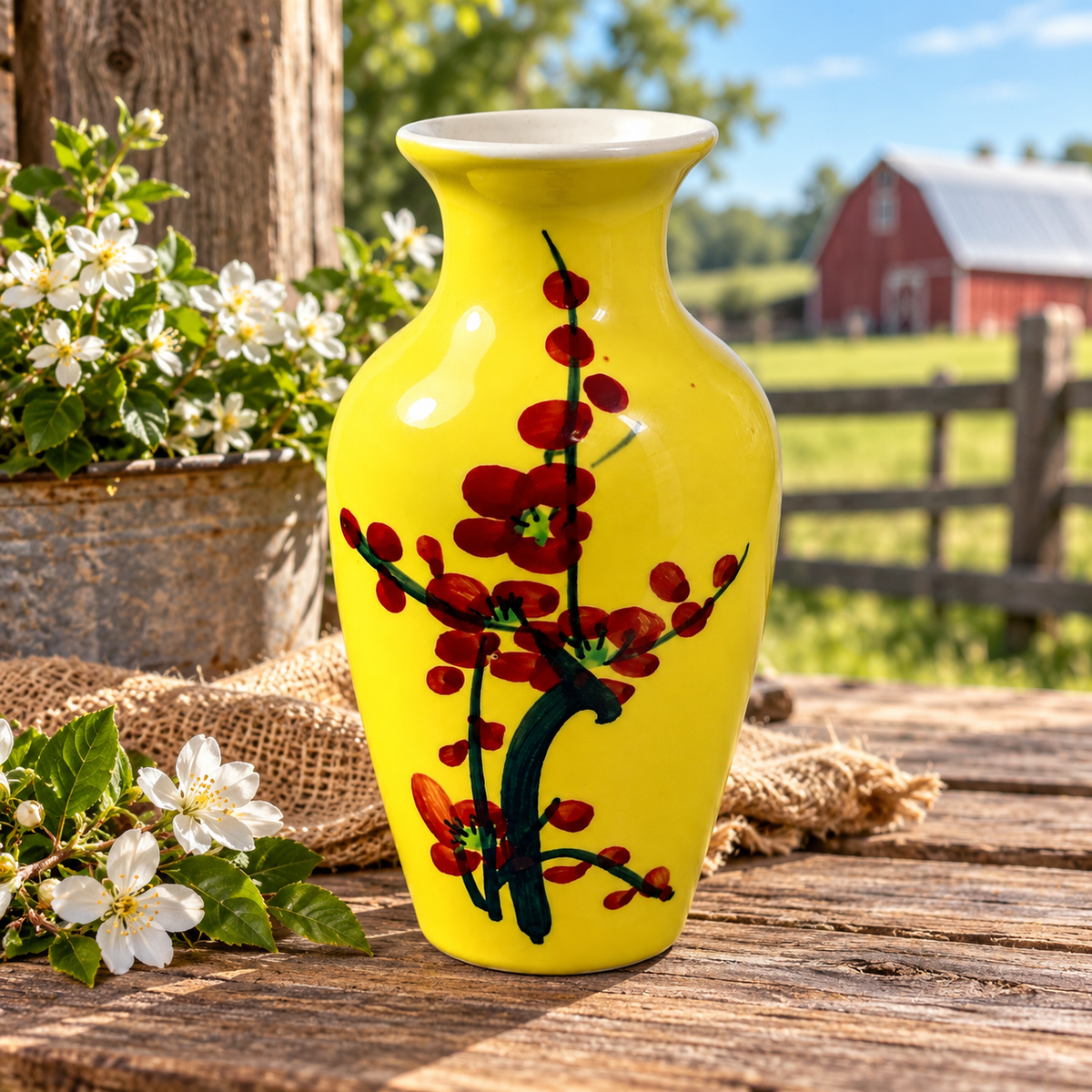 Vase-20 vintage Japanese yellow ceramic cherry blossom vase farm setting