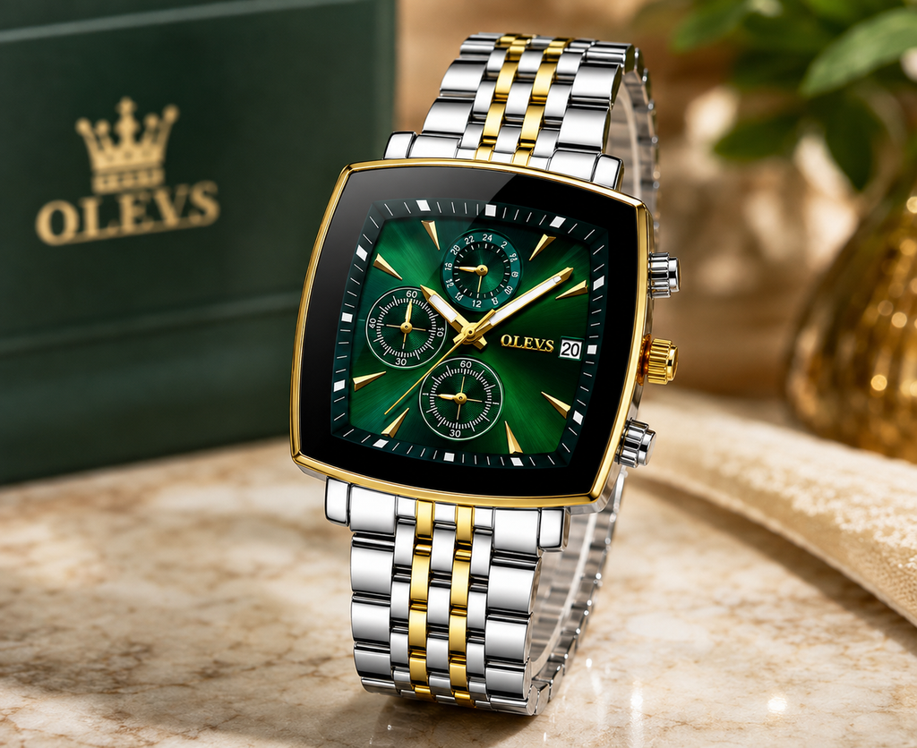 WA-27--OLEVS 5530 Mens Quartz Watch Green Dial Silver Gold-Tone Stainless Steel Bracelet 3BAR