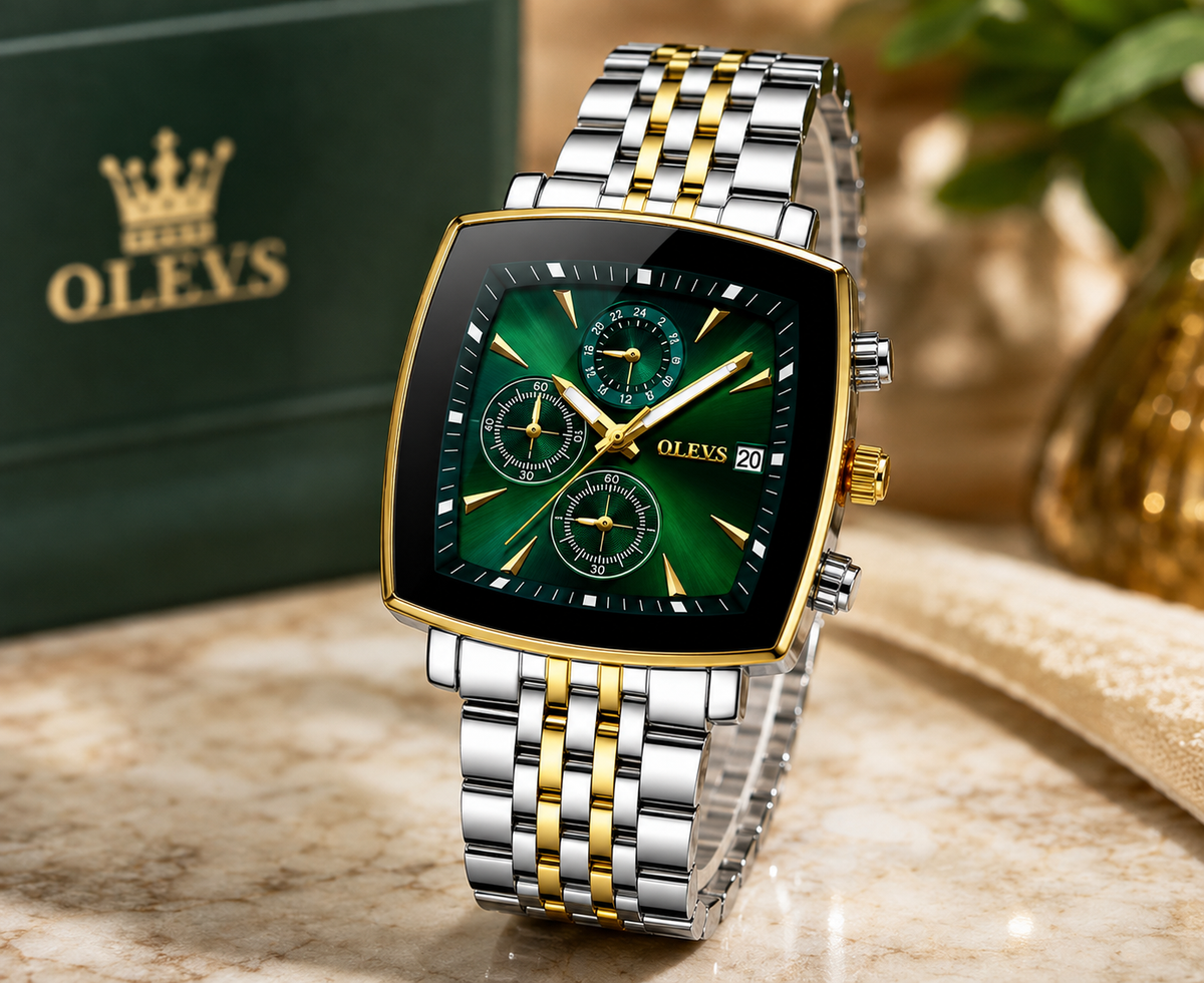 WA-27--OLEVS 5530 Mens Quartz Watch Green Dial Silver Gold-Tone Stainless Steel Bracelet 3BAR