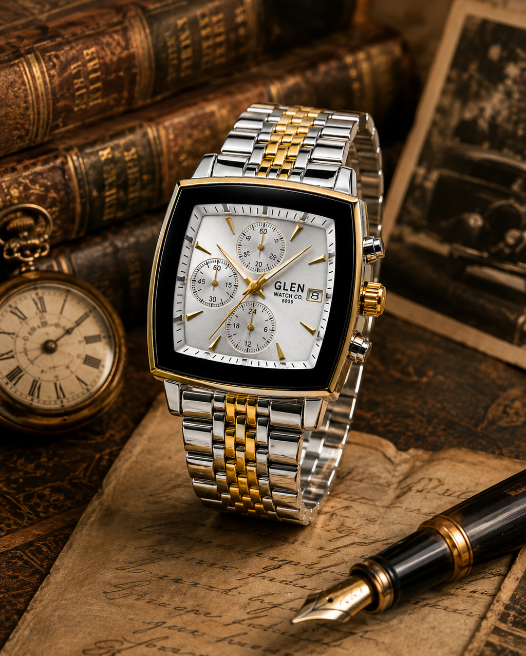 WA-29--Glen Watch Co. Men's Automatic Mechanical Watch 925 Silver Case Two-Tone Bracelet Dual Calendar 106g