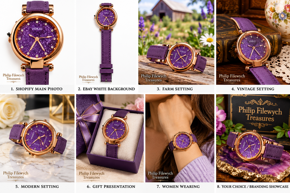 VOKAI  glitter dial watch with rose-gold-tone case and Brown  PU leather strap styled with men's cufflinks, a formal tie, and a luxury pen.