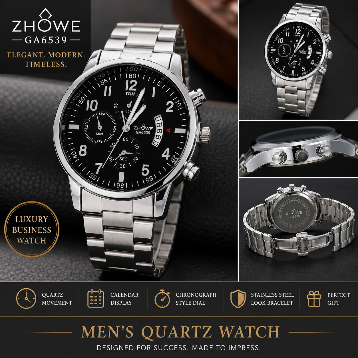 WA-04-Quart-Luxury ZHOWE GA6539 Men's Quartz Watch Silver Black Dial Calendar Business Fashion Wristwatch