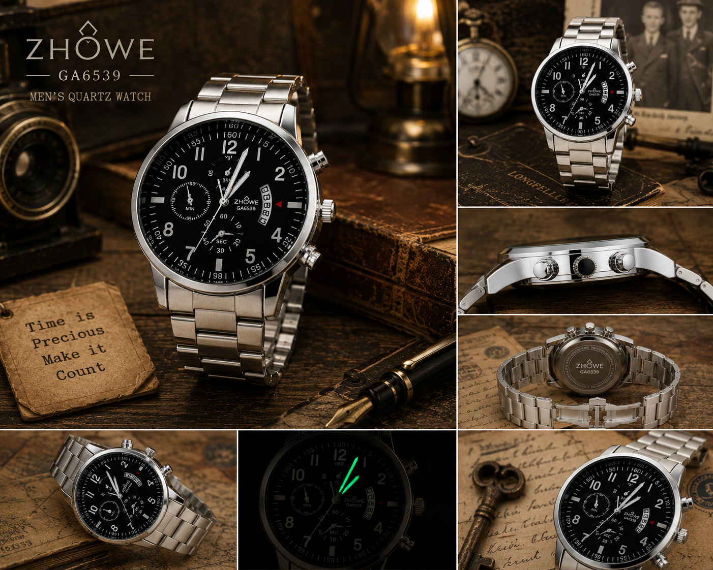 WA-04-Quart-Luxury ZHOWE GA6539 Men's Quartz Watch Silver Black Dial Calendar Business Fashion Wristwatch