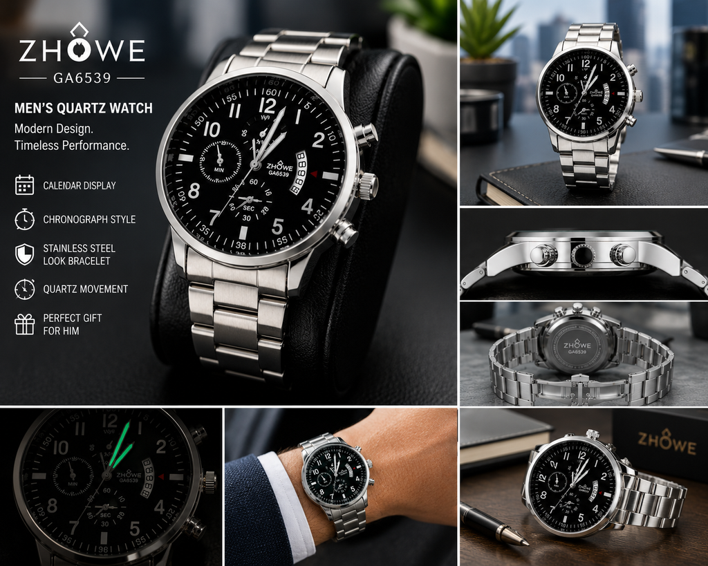 WA-04-Quart-Luxury ZHOWE GA6539 Men's Quartz Watch Silver Black Dial Calendar Business Fashion Wristwatch