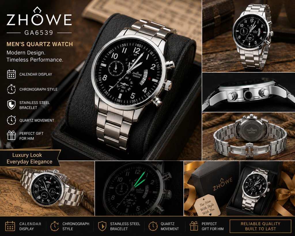 WA-04-Quart-Luxury ZHOWE GA6539 Men's Quartz Watch Silver Black Dial Calendar Business Fashion Wristwatch