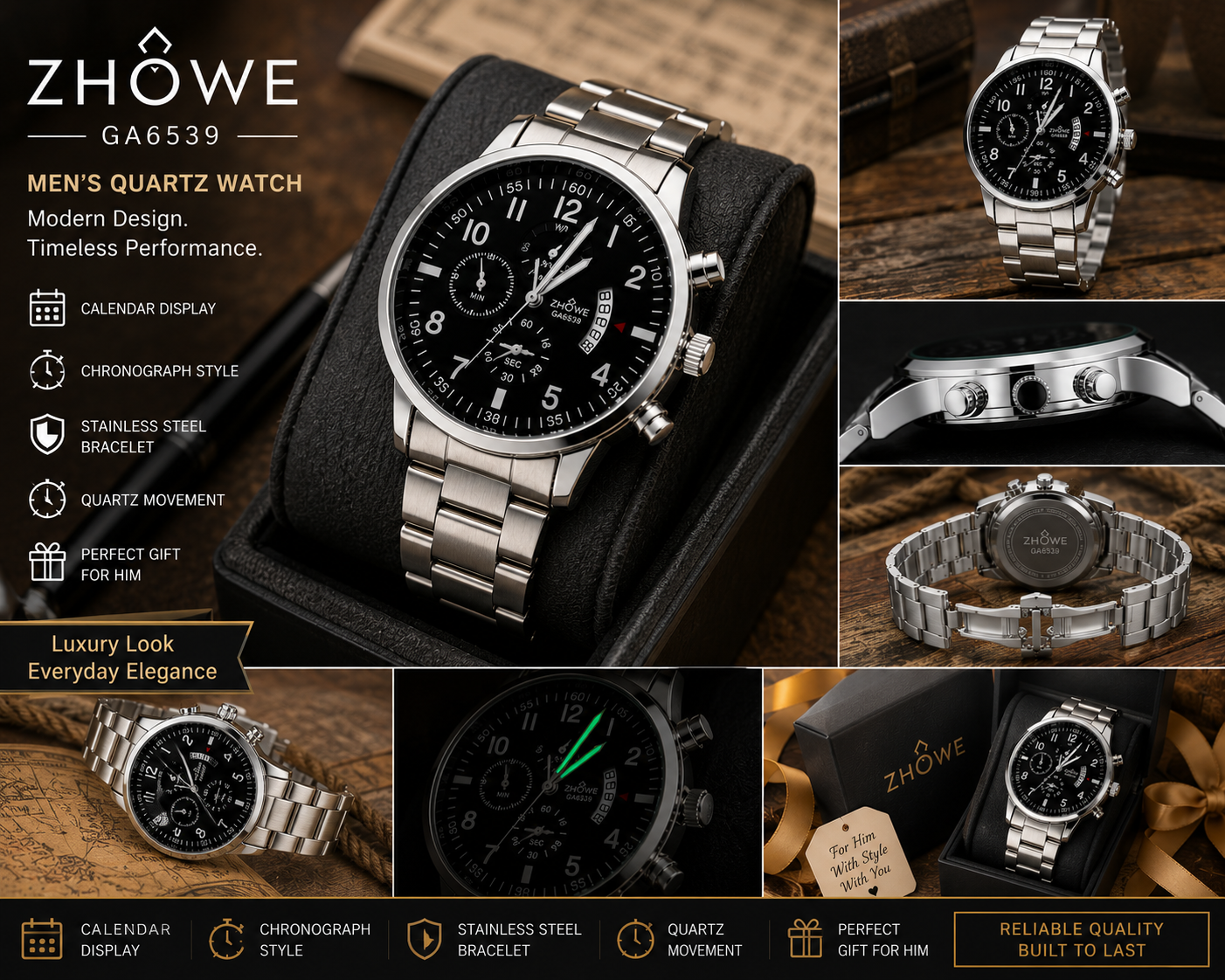 WA-04-Quart-Luxury ZHOWE GA6539 Men's Quartz Watch Silver Black Dial Calendar Business Fashion Wristwatch