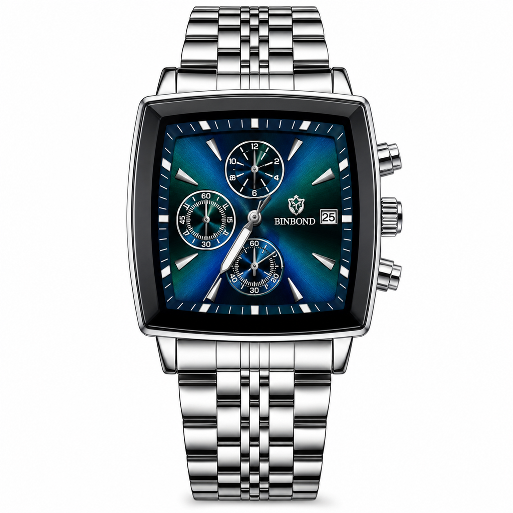 WA-06--Binbond Men's Green Quartz Watch – Stainless Steel Business Sports Watch – Luminous Date Display – 30M Water Resistant