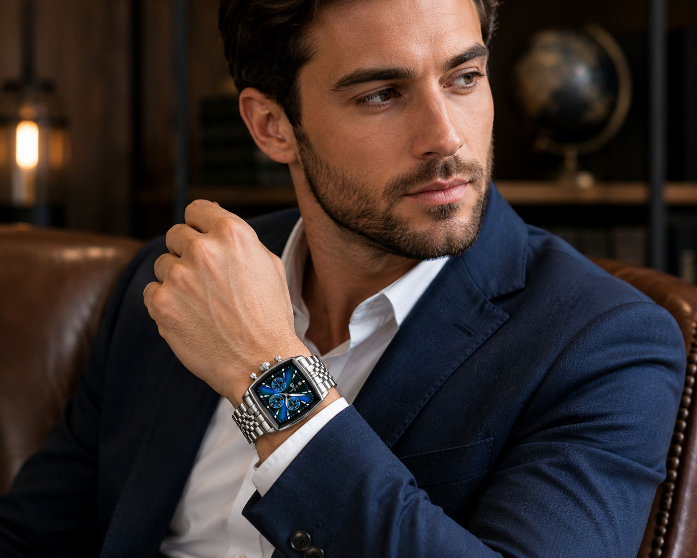 WA-06--Binbond Men's Green Quartz Watch – Stainless Steel Business Sports Watch – Luminous Date Display – 30M Water Resistant