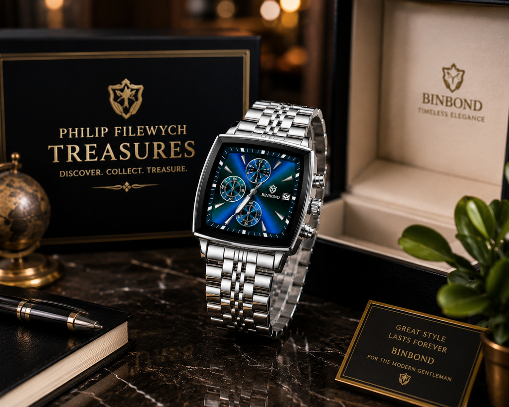 WA-06--Binbond Men's Green Quartz Watch – Stainless Steel Business Sports Watch – Luminous Date Display – 30M Water Resistant