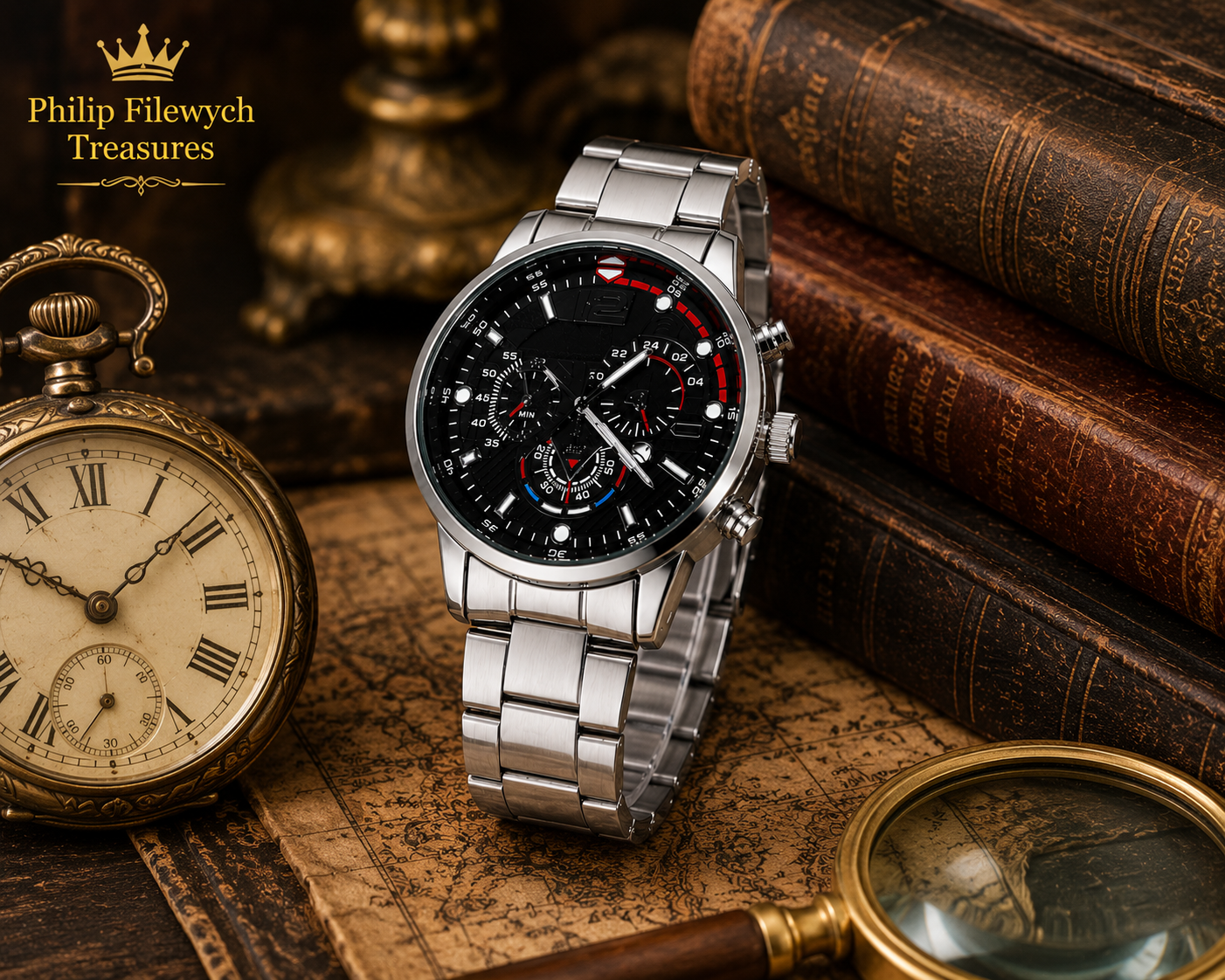 WA-09--Luxury Men's Gold Quartz Business Watch Black Arabic Dial Stainless Steel Fashion Dress Watch Gift for Him WA-09