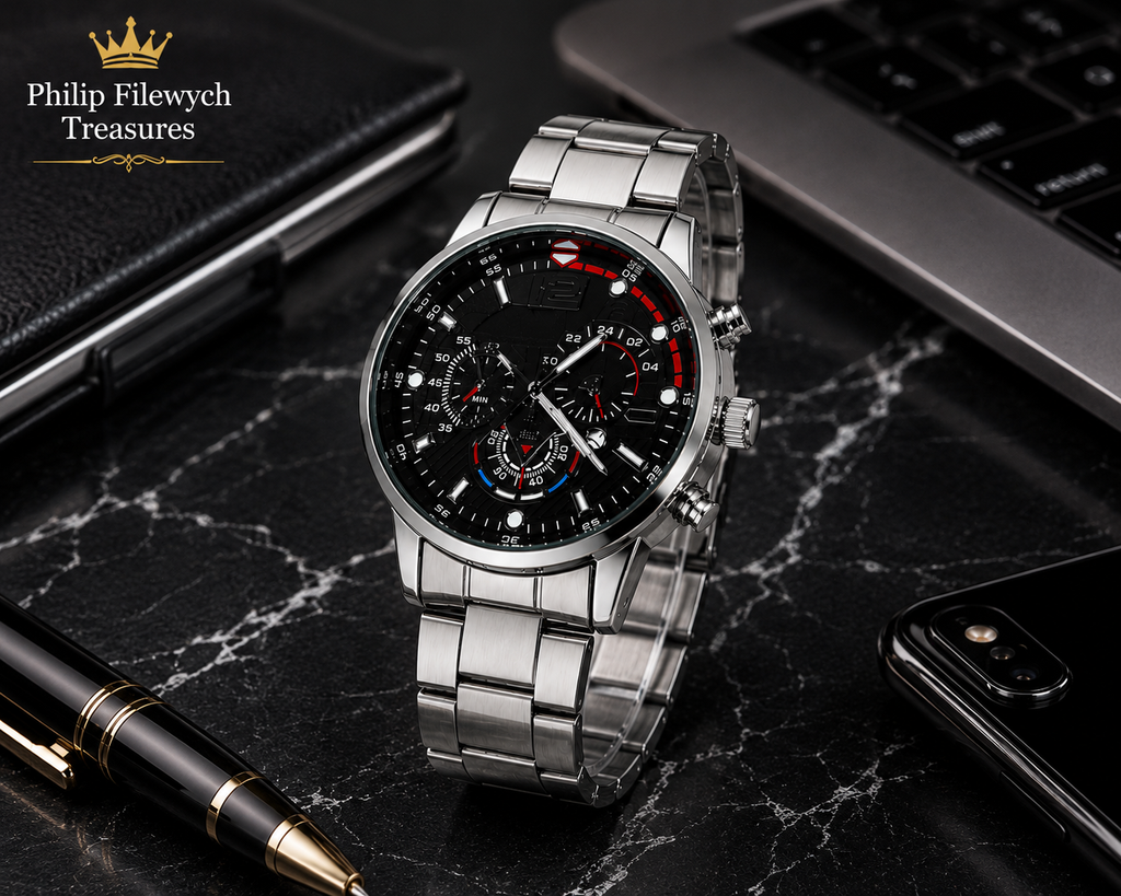 WA-09--Luxury Men's Gold Quartz Business Watch Black Arabic Dial Stainless Steel Fashion Dress Watch Gift for Him WA-09