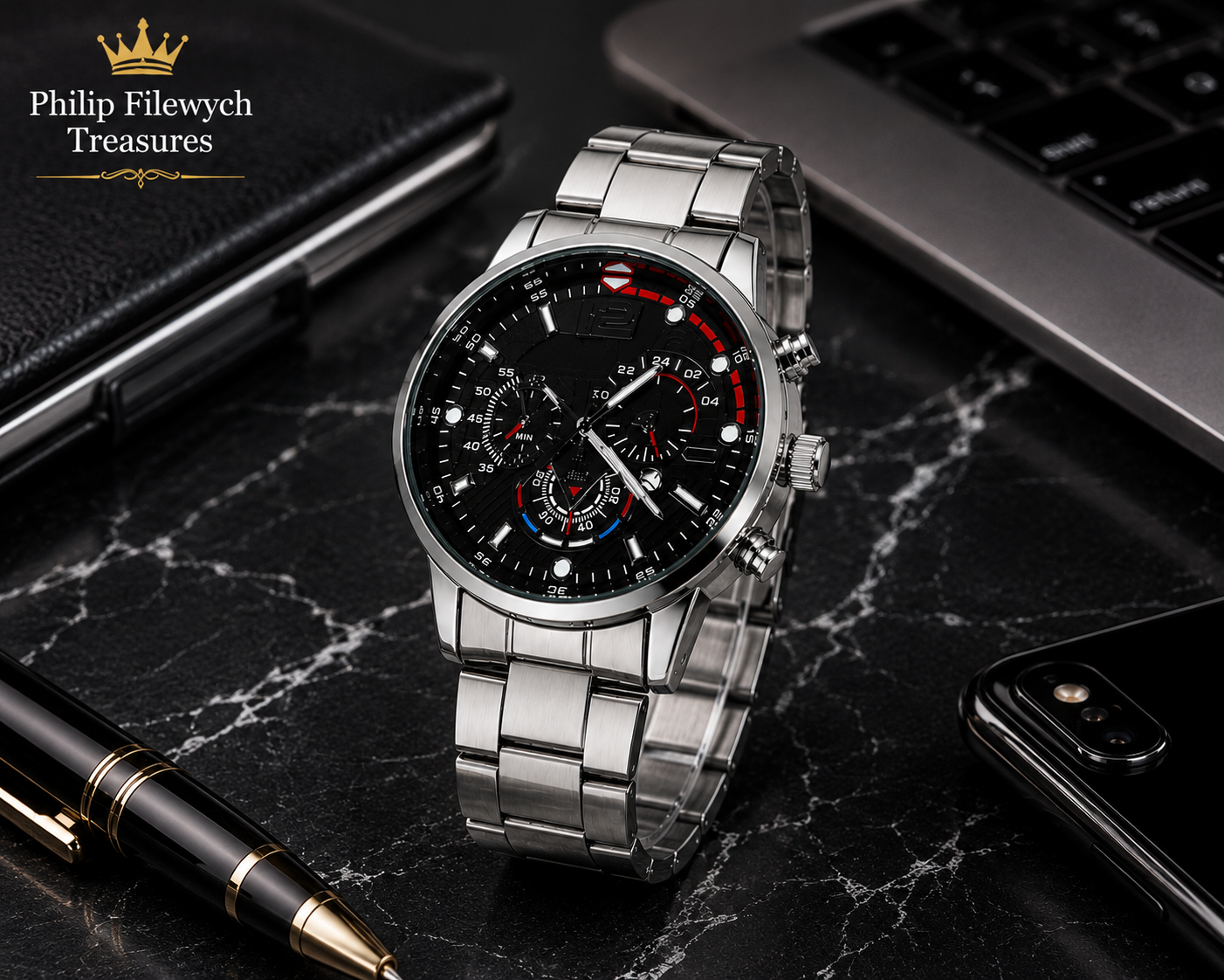 WA-09--Luxury Men's Gold Quartz Business Watch Black Arabic Dial Stainless Steel Fashion Dress Watch Gift for Him WA-09