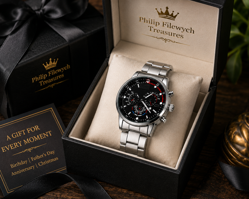 WA-09--Luxury Men's Gold Quartz Business Watch Black Arabic Dial Stainless Steel Fashion Dress Watch Gift for Him WA-09