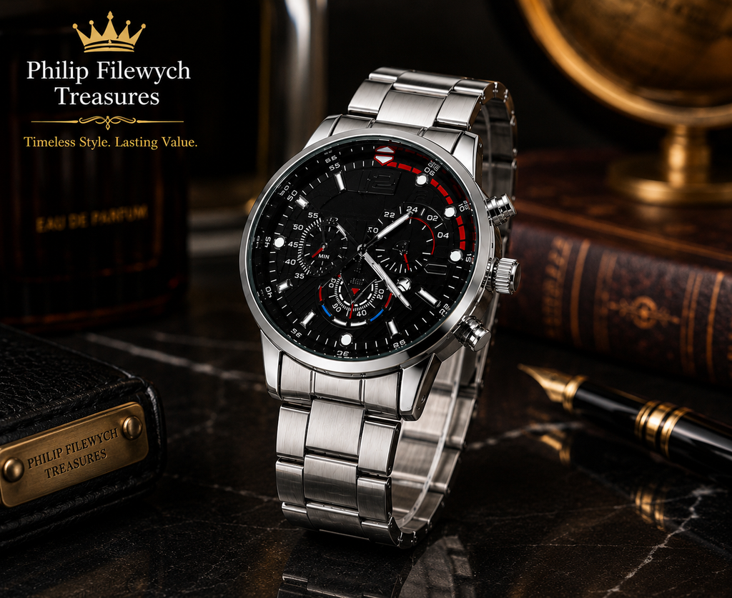 WA-09--Luxury Men's Gold Quartz Business Watch Black Arabic Dial Stainless Steel Fashion Dress Watch Gift for Him WA-09