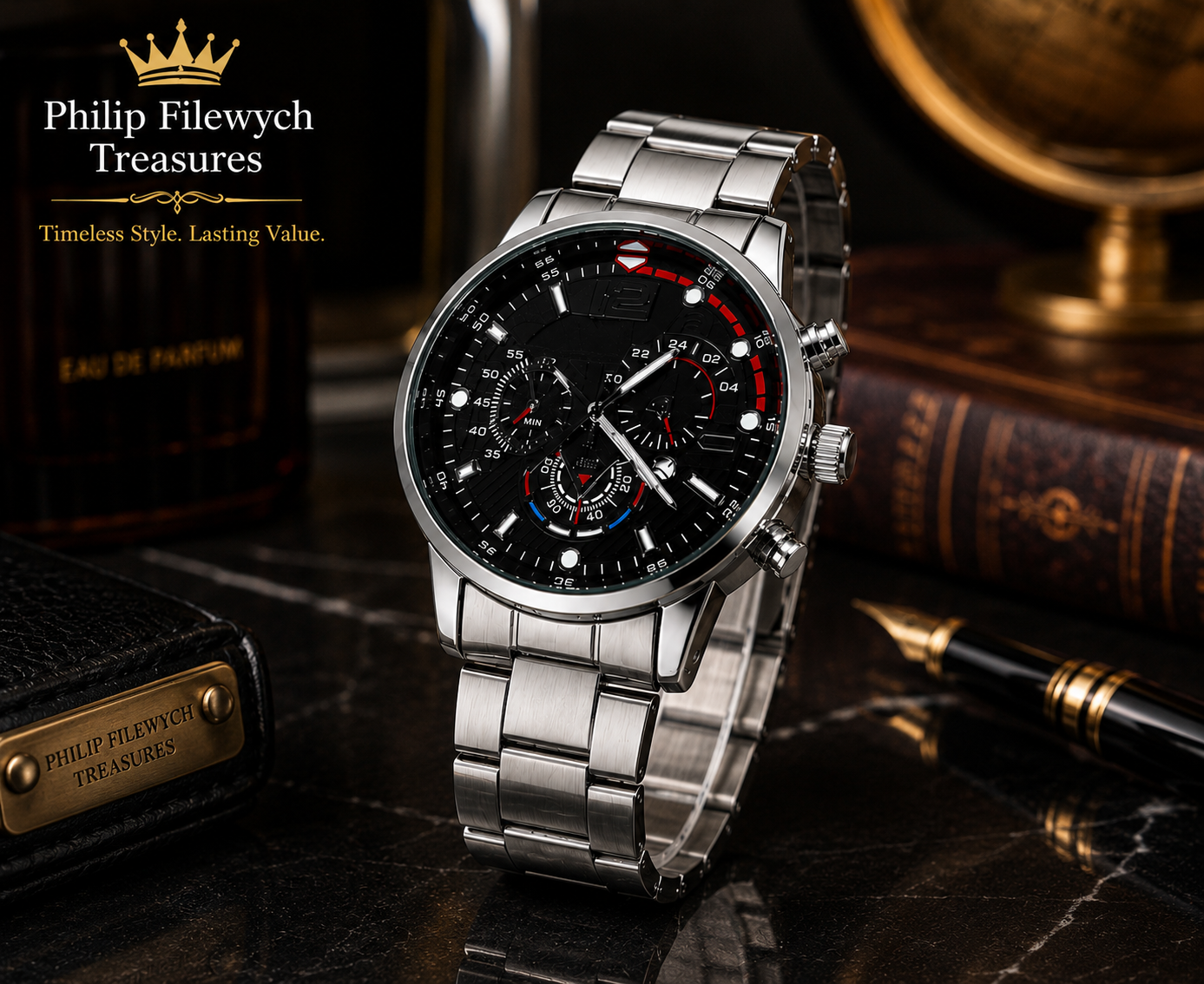 WA-09--Luxury Men's Gold Quartz Business Watch Black Arabic Dial Stainless Steel Fashion Dress Watch Gift for Him WA-09