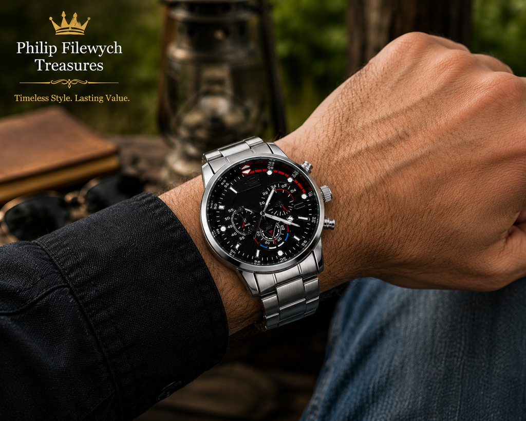 WA-08--Luxury Men's Stainless Steel Quartz Business Watch | Black Dial
