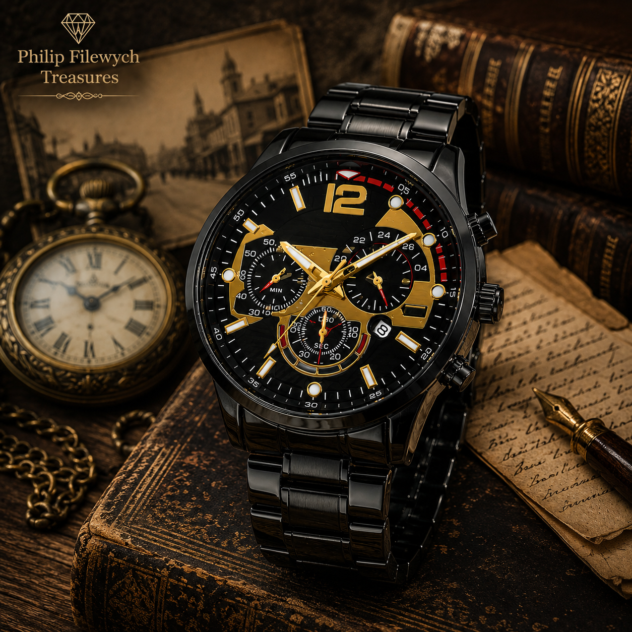 WA-09A--Luxury Men's Business Quartz Watch | Black Steel Band | Arabic Dial