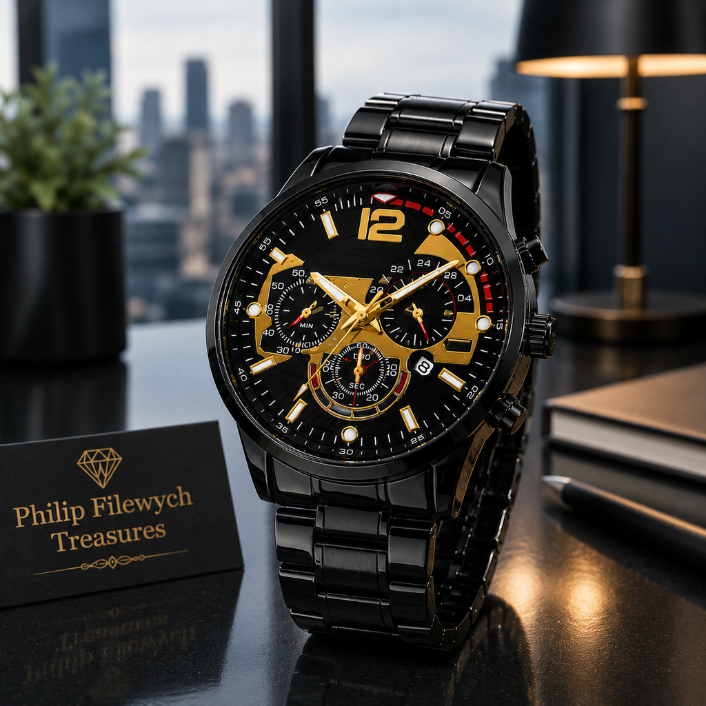 WA-09A--Luxury Men's Business Quartz Watch | Black Steel Band | Arabic Dial