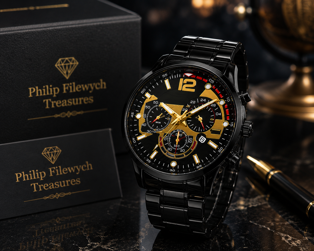 WA-09A--Luxury Men's Business Quartz Watch | Black Steel Band | Arabic Dial