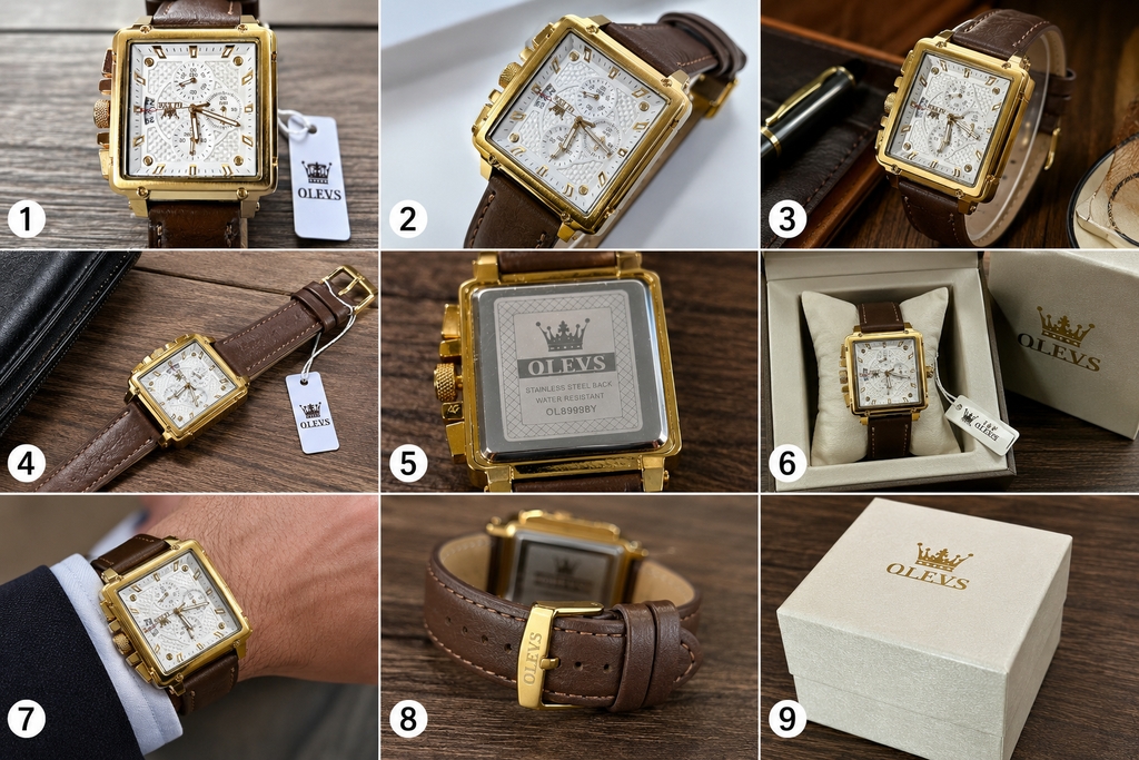WA-10--OLEVS Men's Square Quartz Watch | Gold Tone | Brown Leather | Model OL8996BY
