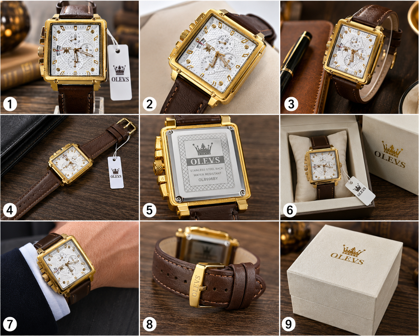 WA-10--OLEVS Men's Square Quartz Watch | Gold Tone | Brown Leather | Model OL8996BY