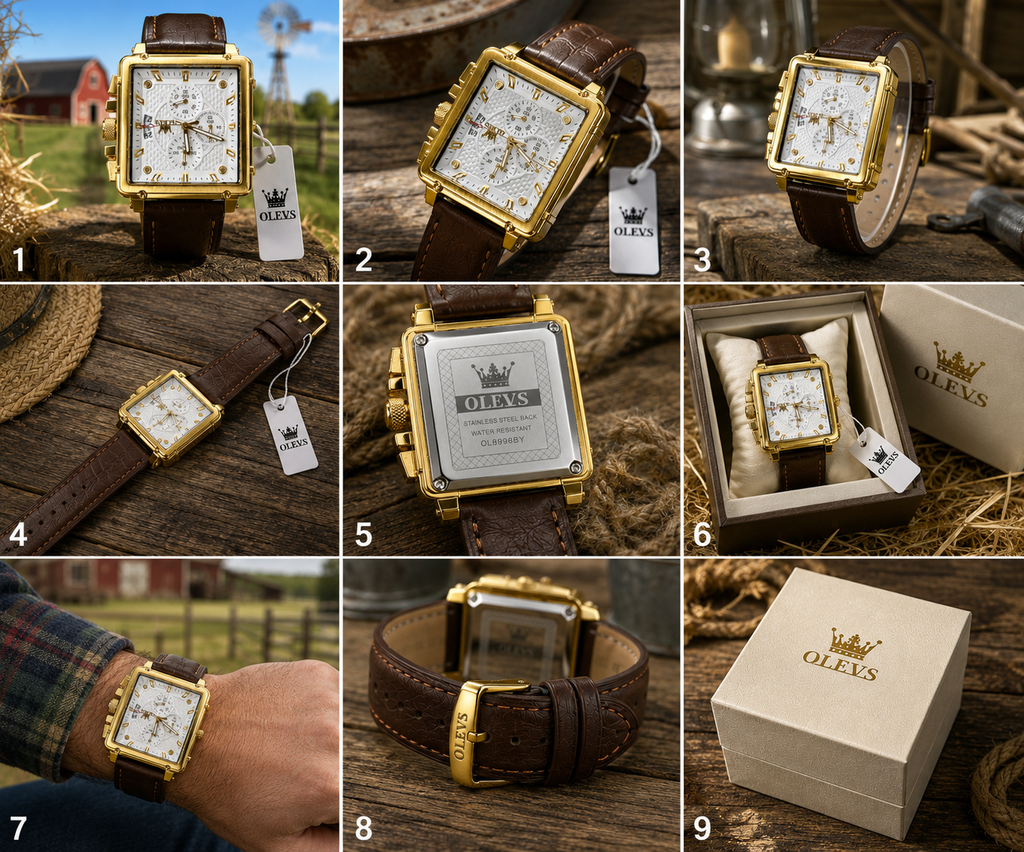 WA-10--OLEVS Men's Square Quartz Watch | Gold Tone | Brown Leather | Model OL8996BY