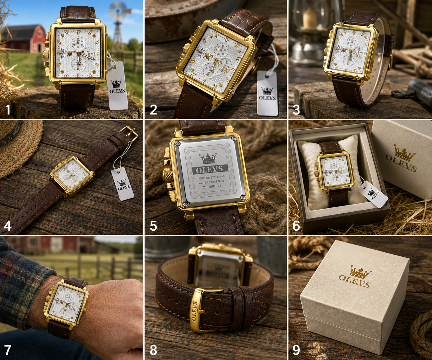 WA-10--OLEVS Men's Square Quartz Watch | Gold Tone | Brown Leather | Model OL8996BY