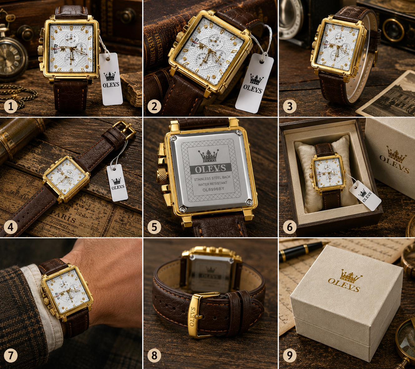 WA-10--OLEVS Men's Square Quartz Watch | Gold Tone | Brown Leather | Model OL8996BY