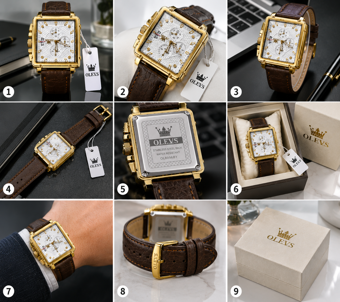 WA-10--OLEVS Men's Square Quartz Watch | Gold Tone | Brown Leather | Model OL8996BY