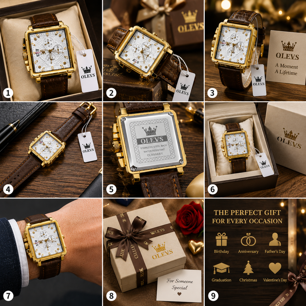 WA-10--OLEVS Men's Square Quartz Watch | Gold Tone | Brown Leather | Model OL8996BY