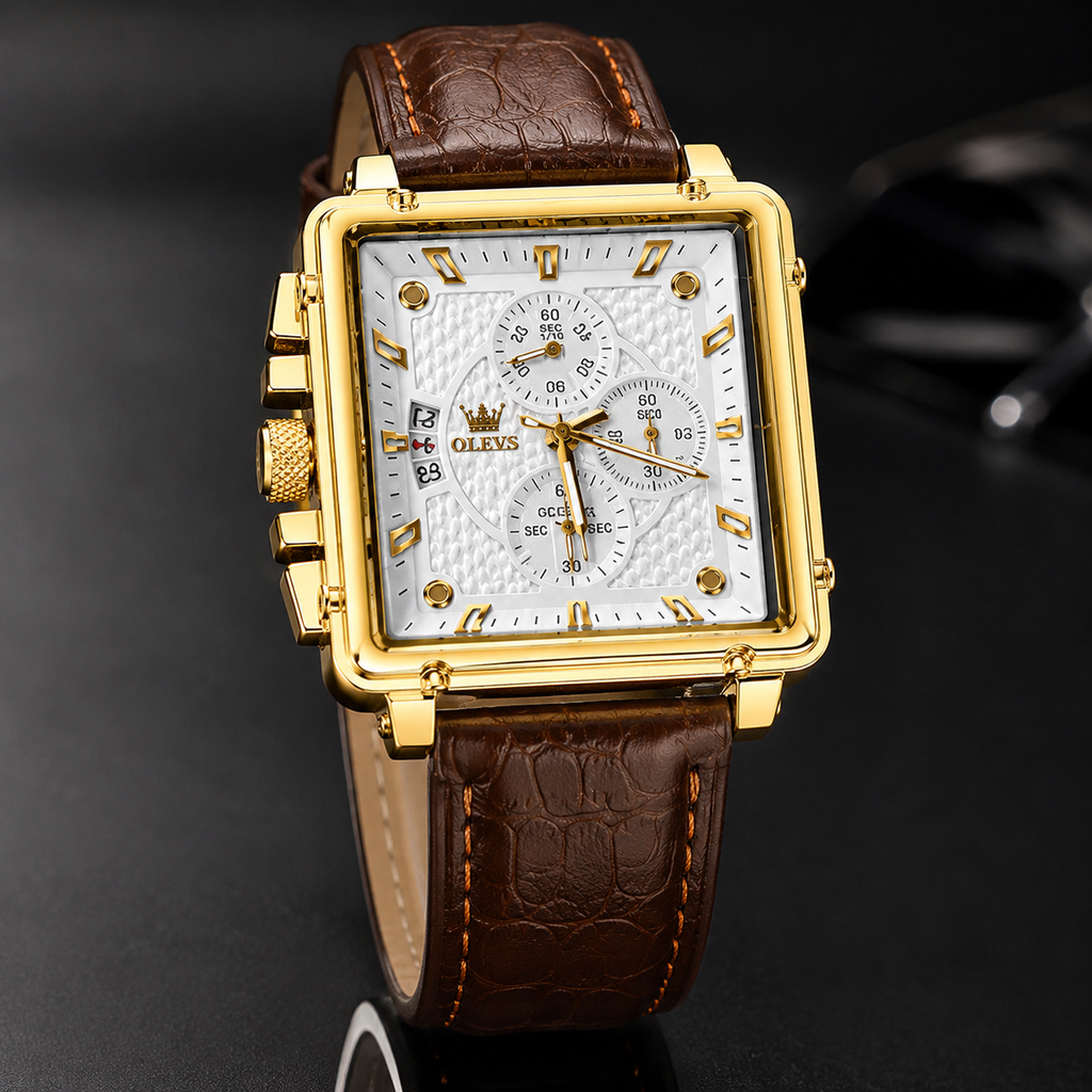 WA-10--OLEVS Men's Square Quartz Watch | Gold Tone | Brown Leather | Model OL8996BY