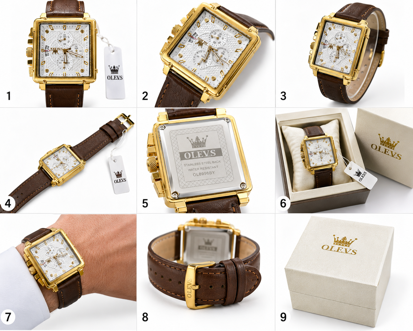 WA-10--OLEVS Men's Square Quartz Watch | Gold Tone | Brown Leather | Model OL8996BY