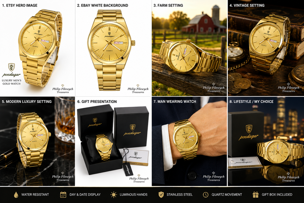 WA-14-- Luxury Men's Gold Stainless Steel Quartz Watch – Day & Date – Waterproof
