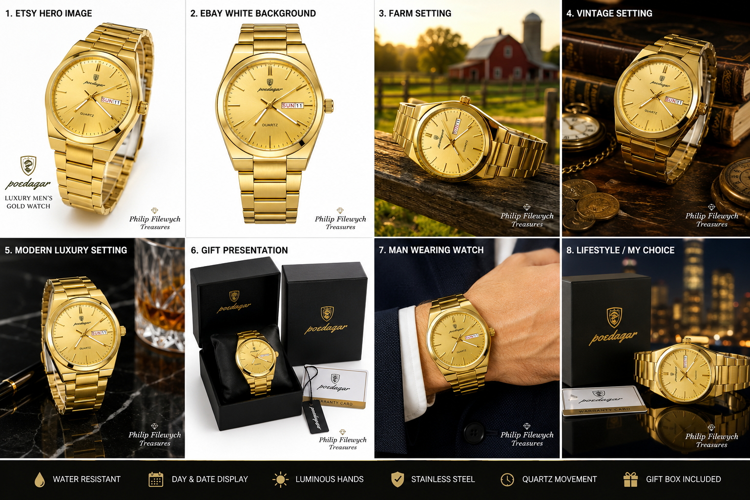 WA-14-- Luxury Men's Gold Stainless Steel Quartz Watch – Day & Date – Waterproof