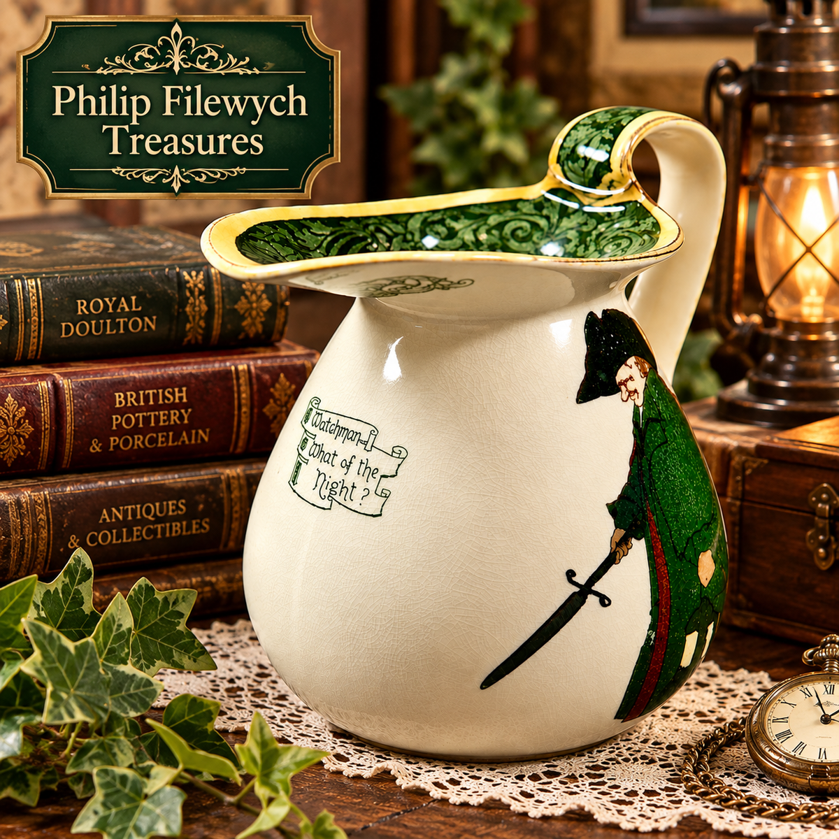 Royal Doulton Watchman What of the Night? jug shown being held to demonstrate its size, shape and presentation.
