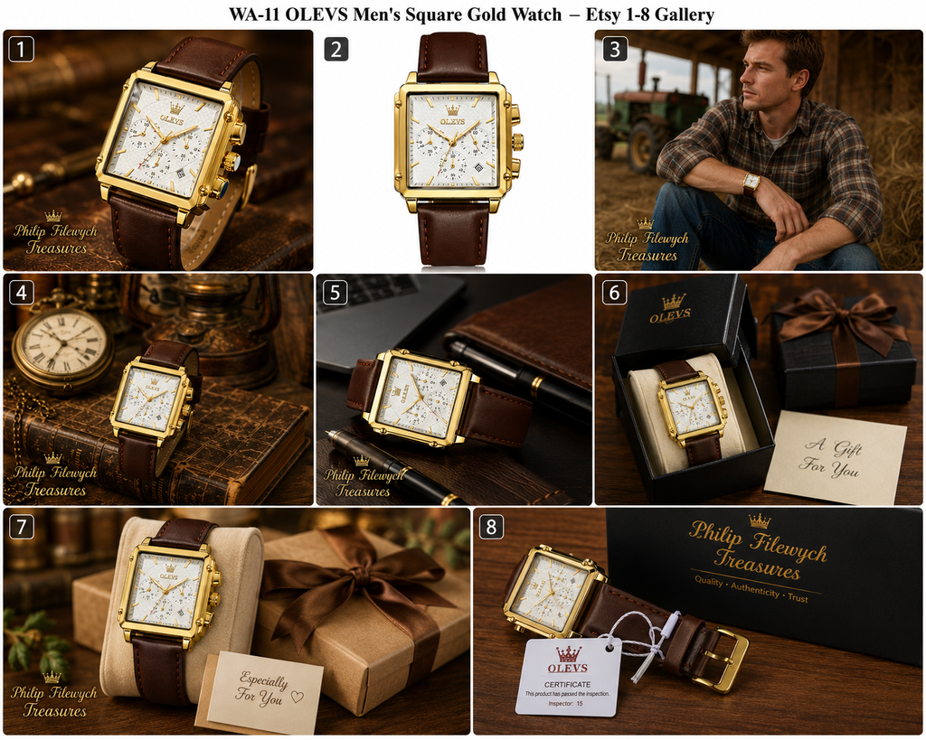 WA-11 – OLEVS Men's Square Gold Quartz Watch – Brown Leather Strap – Waterproof – Luminous – Analog Dress Watch