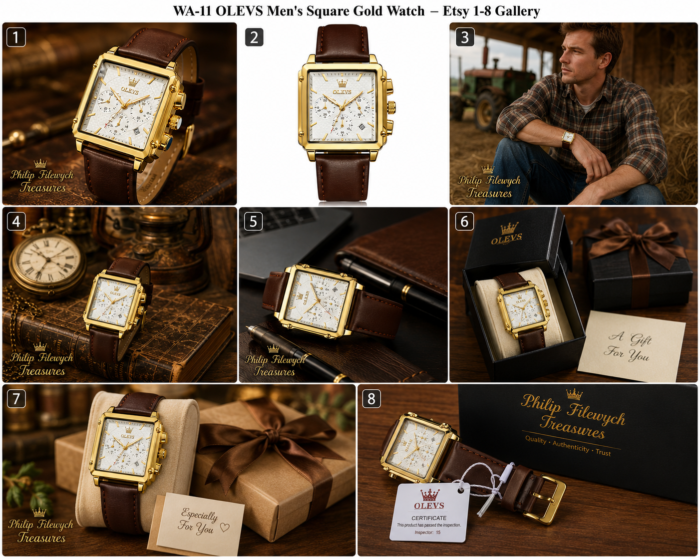 WA-11 – OLEVS Men's Square Gold Quartz Watch – Brown Leather Strap – Waterproof – Luminous – Analog Dress Watch